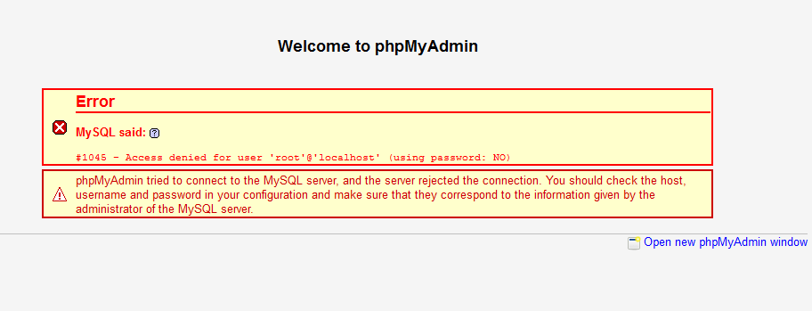 phpMyAdmin स्वचालित पासवर्ड प्रविष्टि का उपयोग करता है, इसलिए त्रुटि इसके साथ है (पासवर्ड का उपयोग करके: NO)